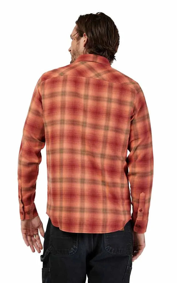 Fox Survivalist Flannel Shirt Rust BACK FACING MODEL 