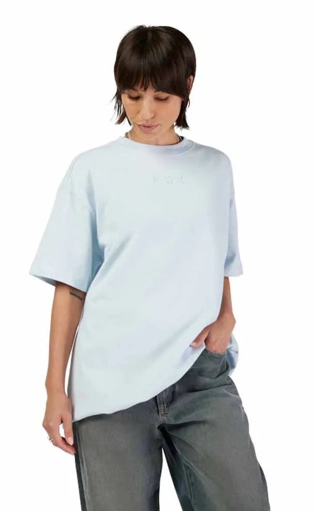 Fox Wordmark OS Short Sleeve Tee Pale Blue FRONT FACING MODEL 