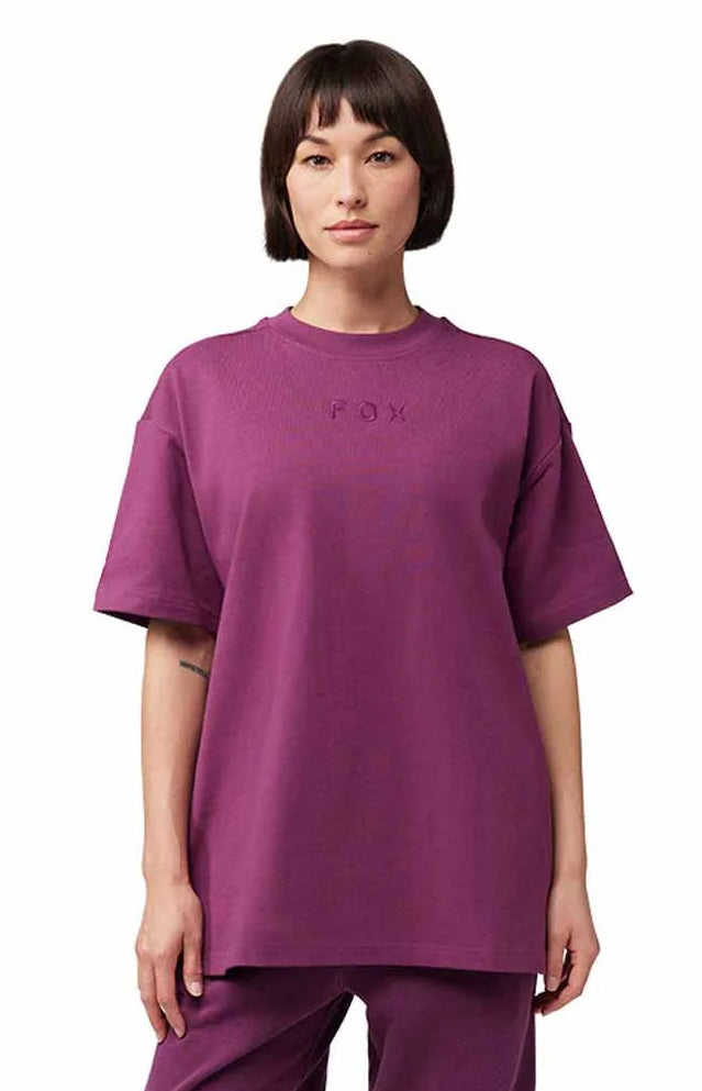 Fox Wordmark OS Short Sleeve Tee Sangria FRONT FACING MODEL 