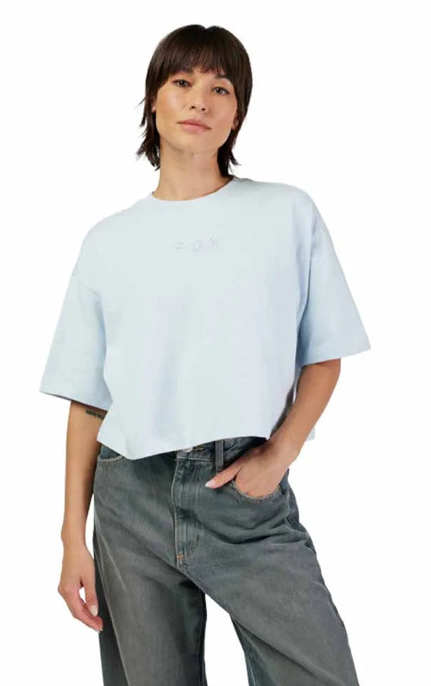 Fox Wordmark OS Crop Tee Pale Blue FRONT FACING MODEL 