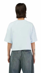 Fox Wordmark OS Crop Tee Pale Blue BACK FACING MODEL 