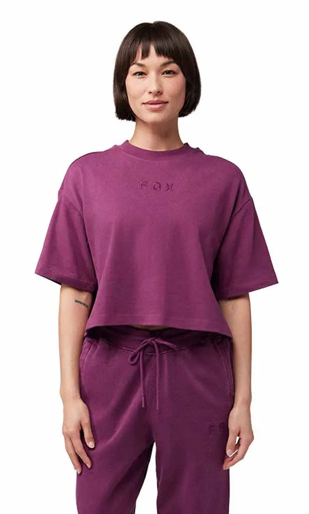 Fox Wordmark OS Crop Tee Sangria FRONT FACING MODEL 