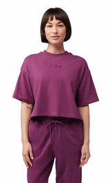 Fox Wordmark OS Crop Tee Sangria FRONT FACING MODEL 
