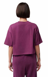 Fox Wordmark OS Crop Tee Sangria BACK FACING MODEL 