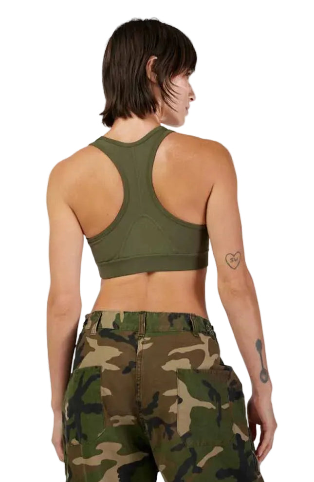 Fox Women's Motive Bra Olive Green BACK FACING MODEL 