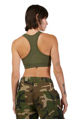 Fox Women's Motive Bra Olive Green BACK FACING MODEL 