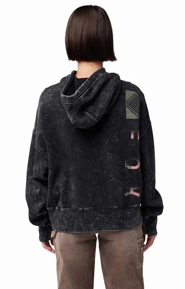 Fox Women's Throttle Oversized Fleece Pullover Black BACK FACING MODEL