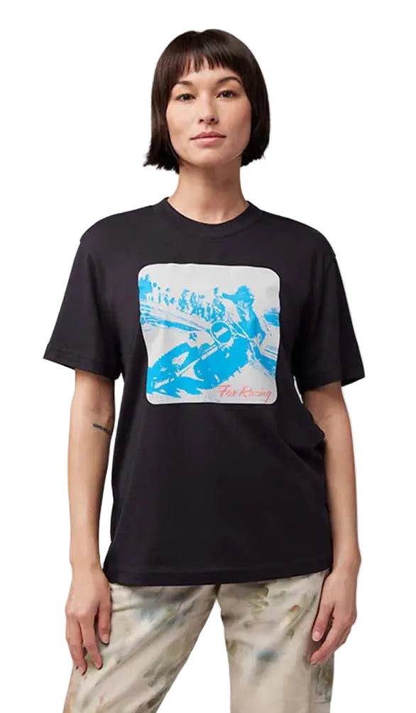Fox W Scripted Photo SS Tee Black FRONT FACING MODEL 