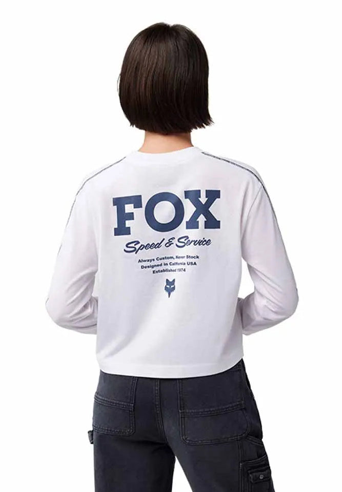 Fox Women's Speed & Service Long Sleeve Crop Top White BACK FACING MODEL