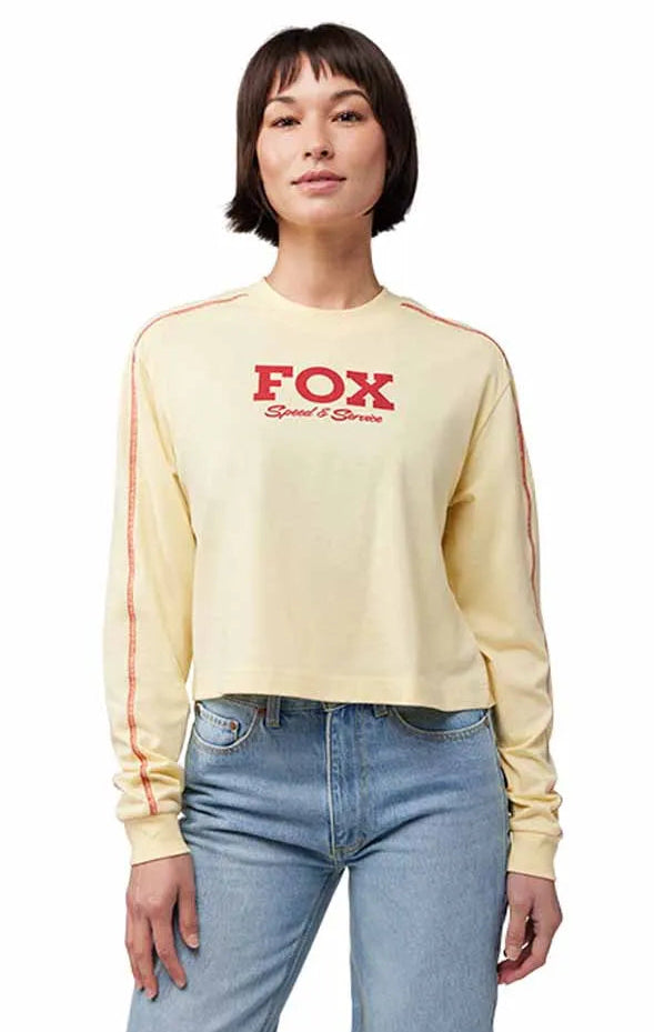 Fox Women's Speed & Service Long Sleeve Crop Top Pale Yellow FRONT FACING MODEL