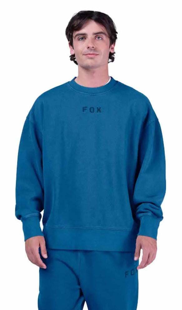 Fox Wordmark OV Fleece Crew Twilight Sweatshirt FRONT FACING MODEL 