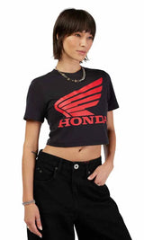 Fox x Honda Baby Tee Black FRONT FACING MODEL
