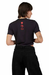 Fox x Honda Baby Tee Black BACK FACING MODEL