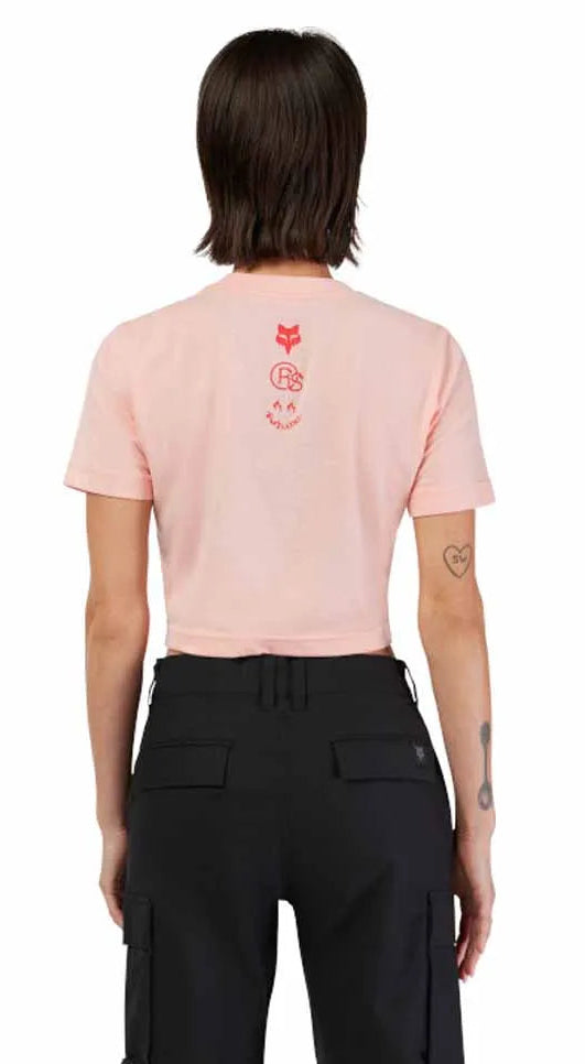 Fox x Honda Baby Tee Pale Pink BACK FACING MODEL