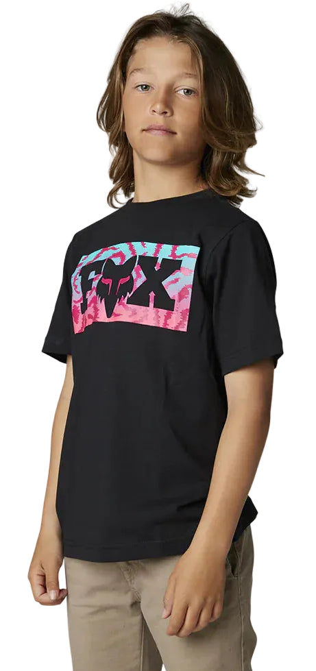 Fox YOUTH NUKLR Short Sleeve TEE Black SIDE-FRONT FACING MODEL
