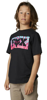 Fox YOUTH NUKLR Short Sleeve TEE Black SIDE-FRONT FACING MODEL