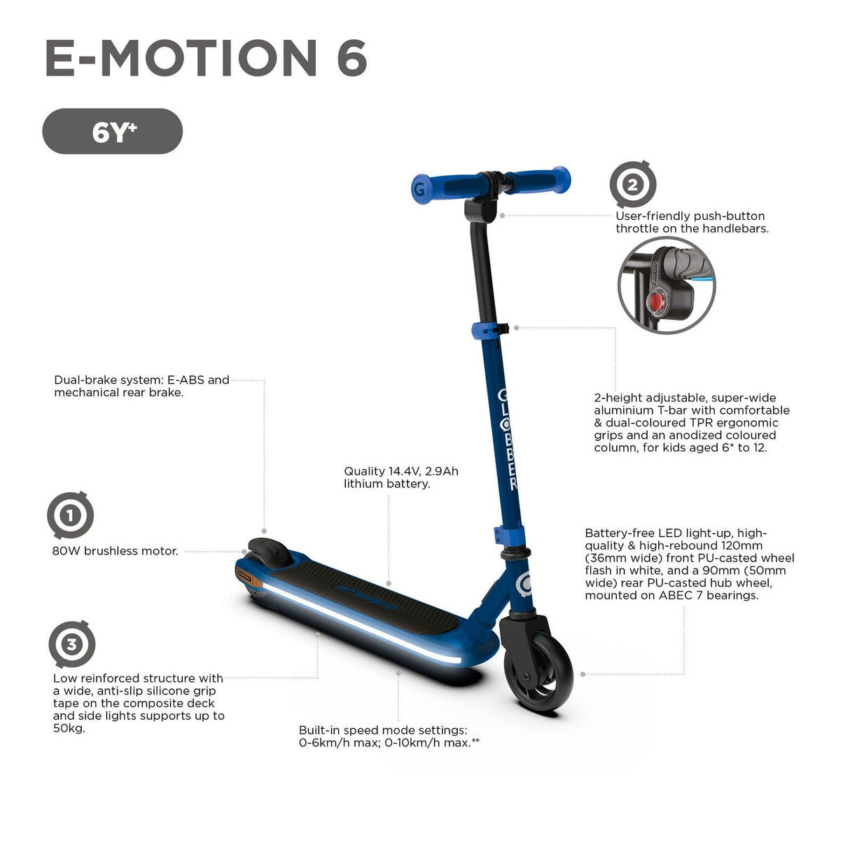 Globber E-Motion 6 Kids Electric Scooter Navy Blue