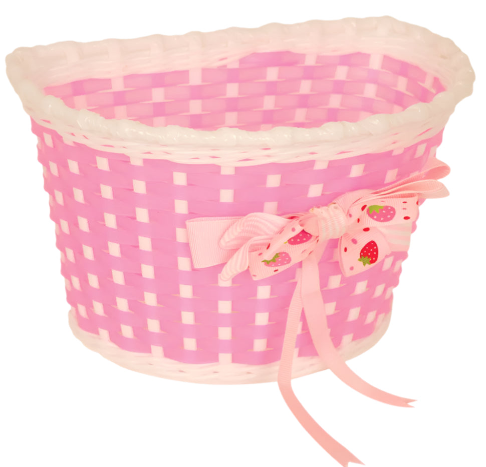 Kiddies Pink & White Basket with Strawberry Bow