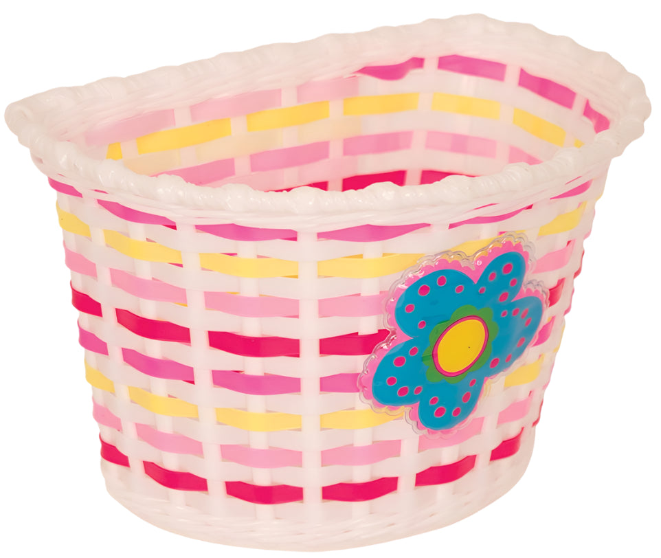 Kiddies White Basket with Blue Flower and Pink/Yellow Weave