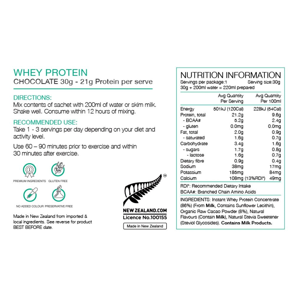 Pure Whey Natural Protein Powder 30g Sachet Cacao Chocolate