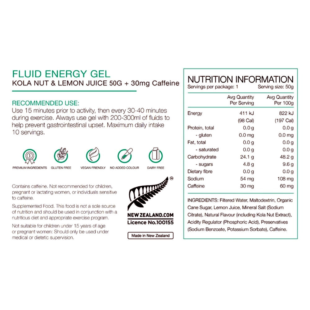 Pure Fluid Energy Gel 50g Kola Nut/Lemon Juice w/30mg Caffeine