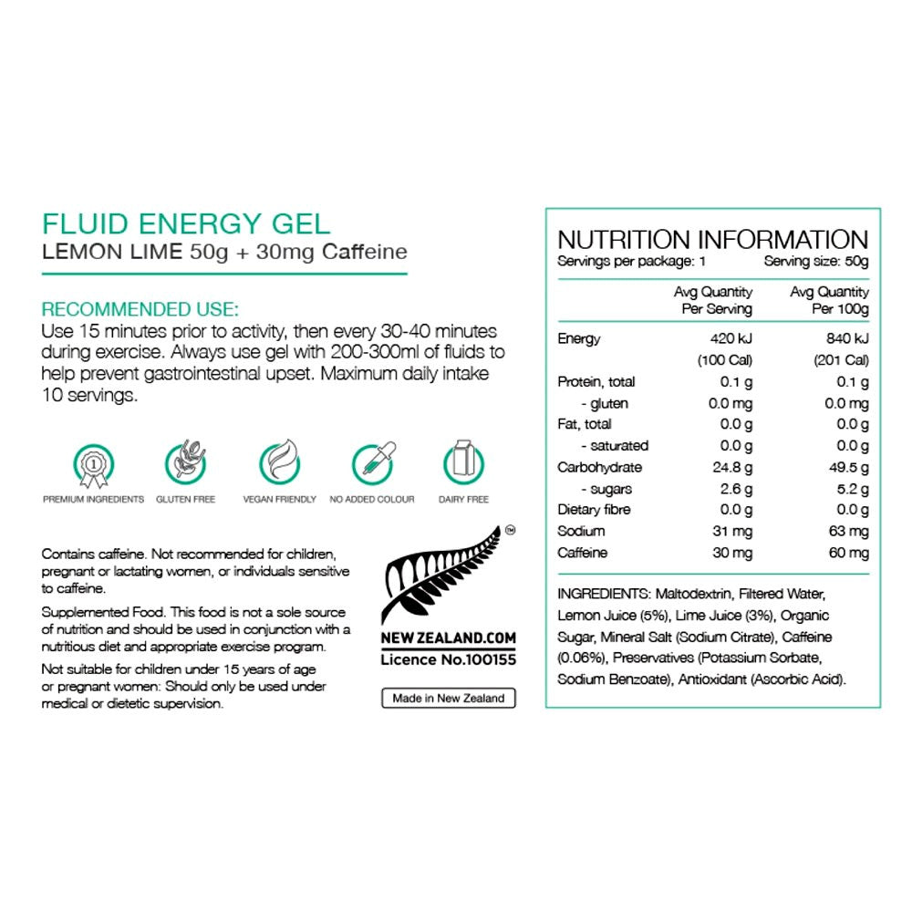 Pure Fluid Energy Gel 50g Lemon Lime w/30mg Caffeine