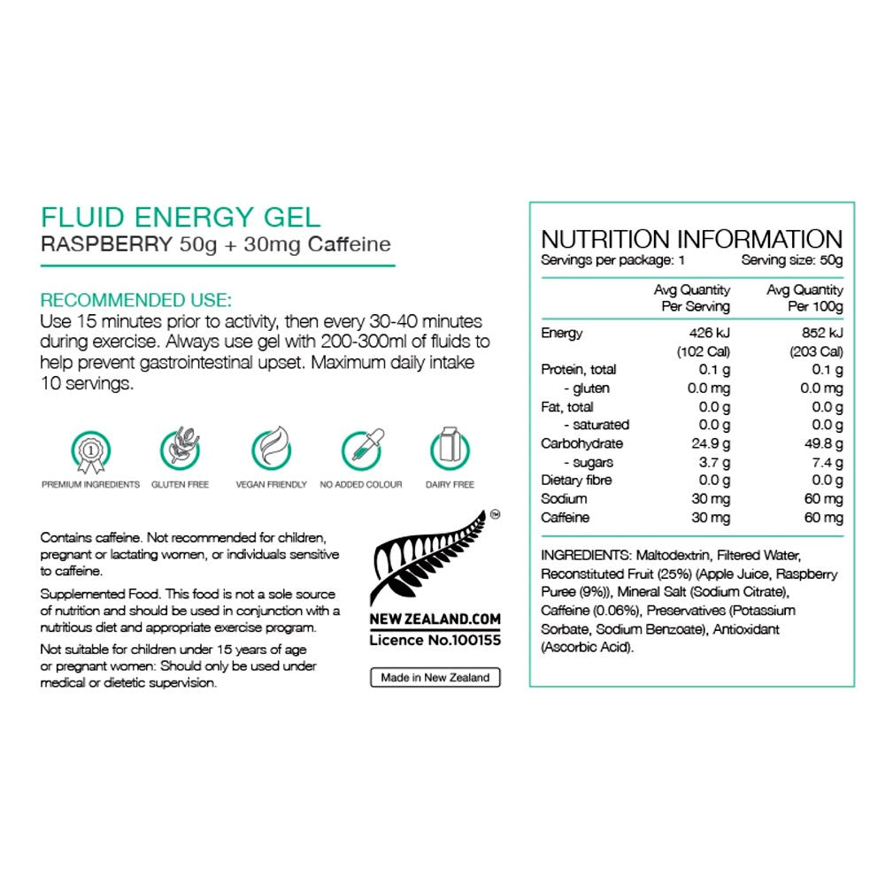 Pure Fluid Energy Gel 50g Raspberry w/30mg Caffeine