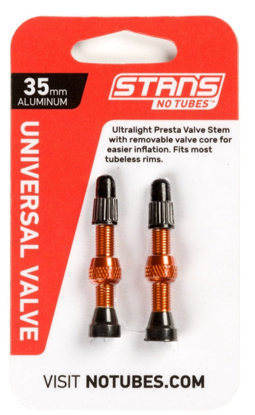 Stans NoTubes 35mm Orange Universal Valve Stem Carded pair Lightweight Aluminium