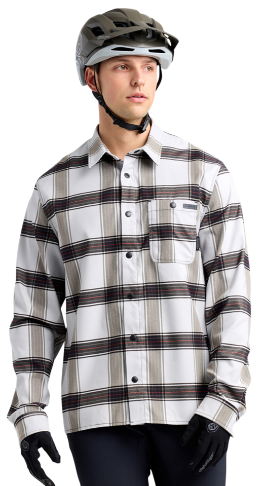 TLD Grind Flannel YD Plaid Mist Pine Shirt FRONT FACING MODEL 