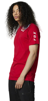 Fox TOKSYK Short Sleeve PREMIUM TEE Flame Red SIDE-FRONT FACING MODEL