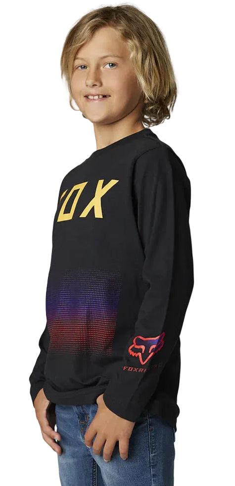 Fox YOUTH FGMNT Long Sleeve TEE Black SIDE-FRONT FACING MODEL