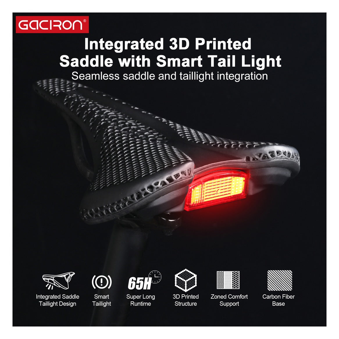 Gaciron Lotus PE-265 Long Nose 3D Printed Carbon Saddle with Smart Tail Light