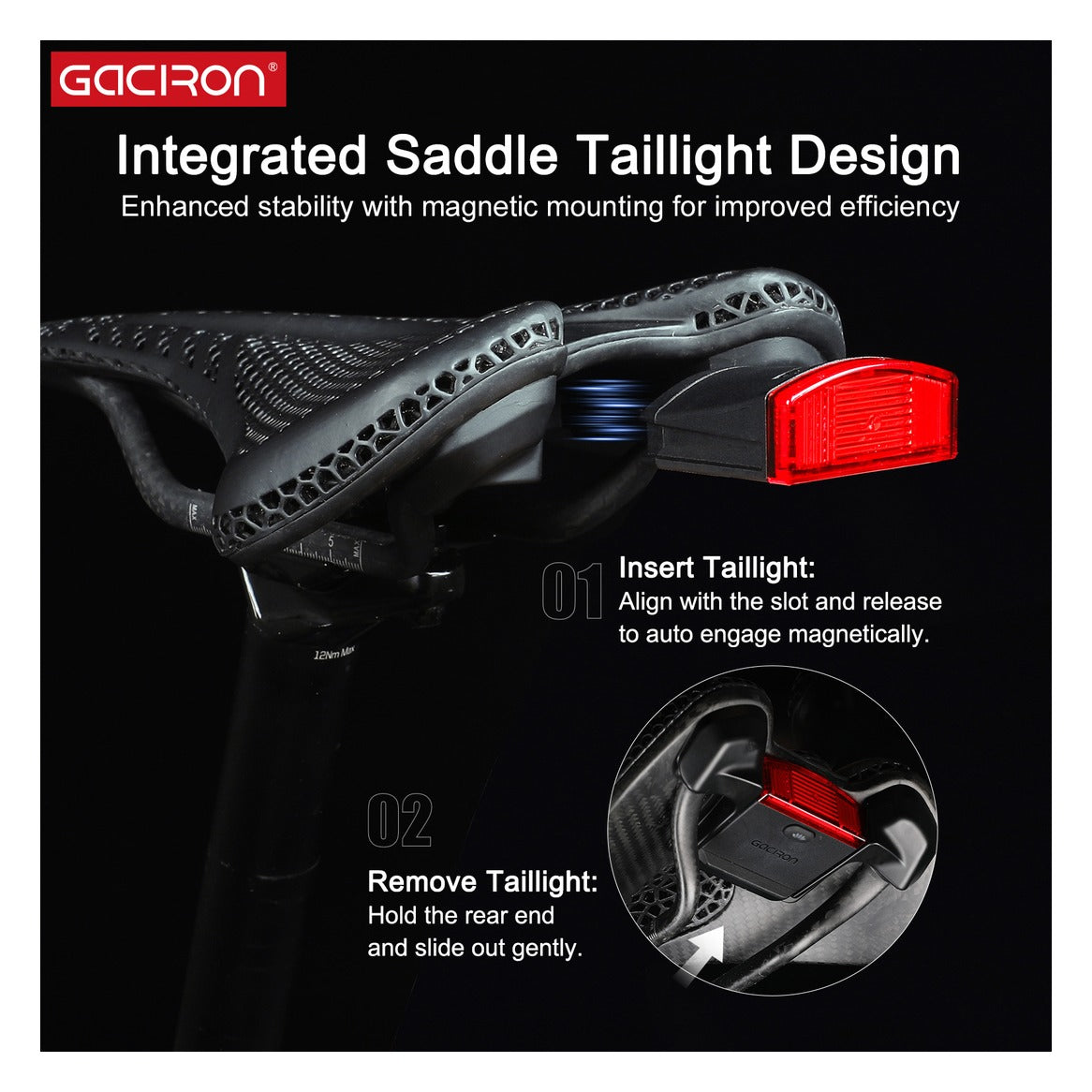 Gaciron Lotus PE-265 Long Nose 3D Printed Carbon Saddle with Smart Tail Light