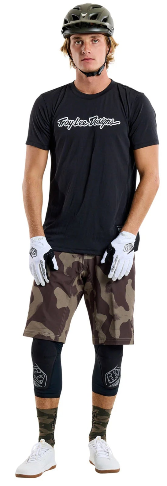 Troy Lee Designs SKYLINE SHORT SHELL SCRUBLAND OLIVE FRONT FACING MODEL