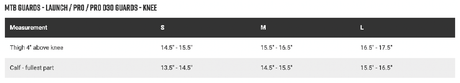 FOX Launch Pro D3O Knee Guard Size Guide