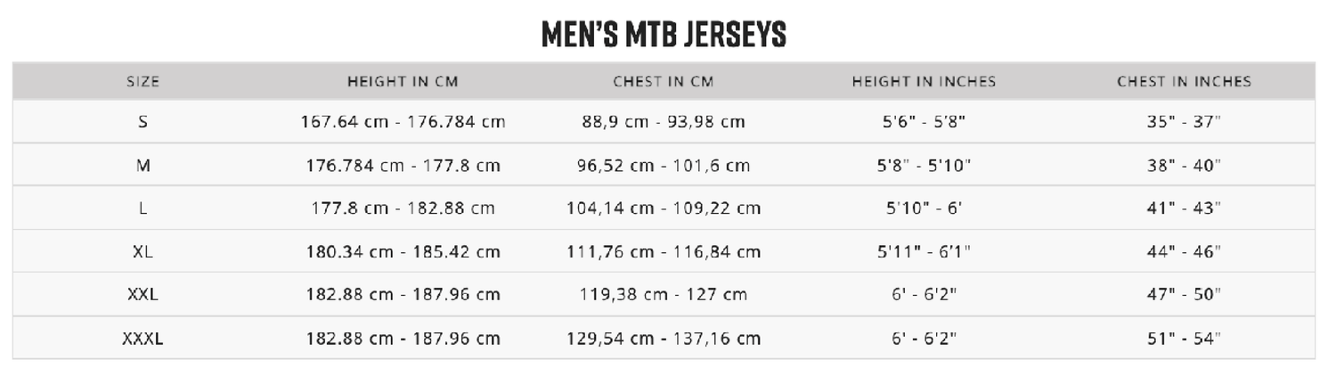 Fox Flexair SS Jersey Size Chart