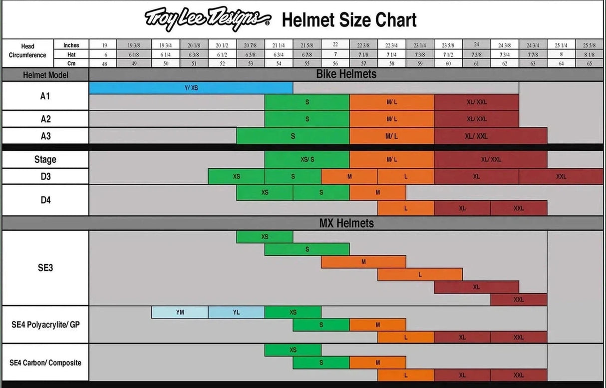 Troy Lee Designs A1 MIPS MTB Helmet Size Guide