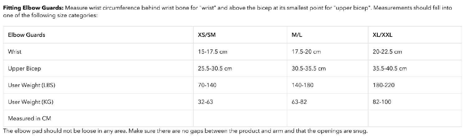Troy Lee Designs Stage Elbow Guard Size Guide