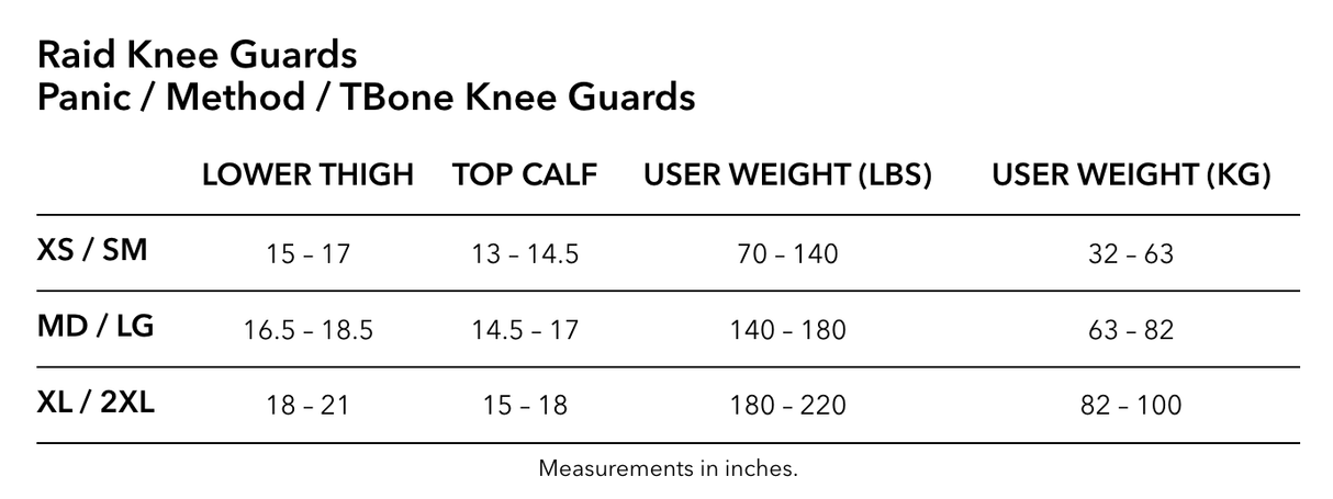 Troy Lee Designs T-Bone Knee Guard Size Chart